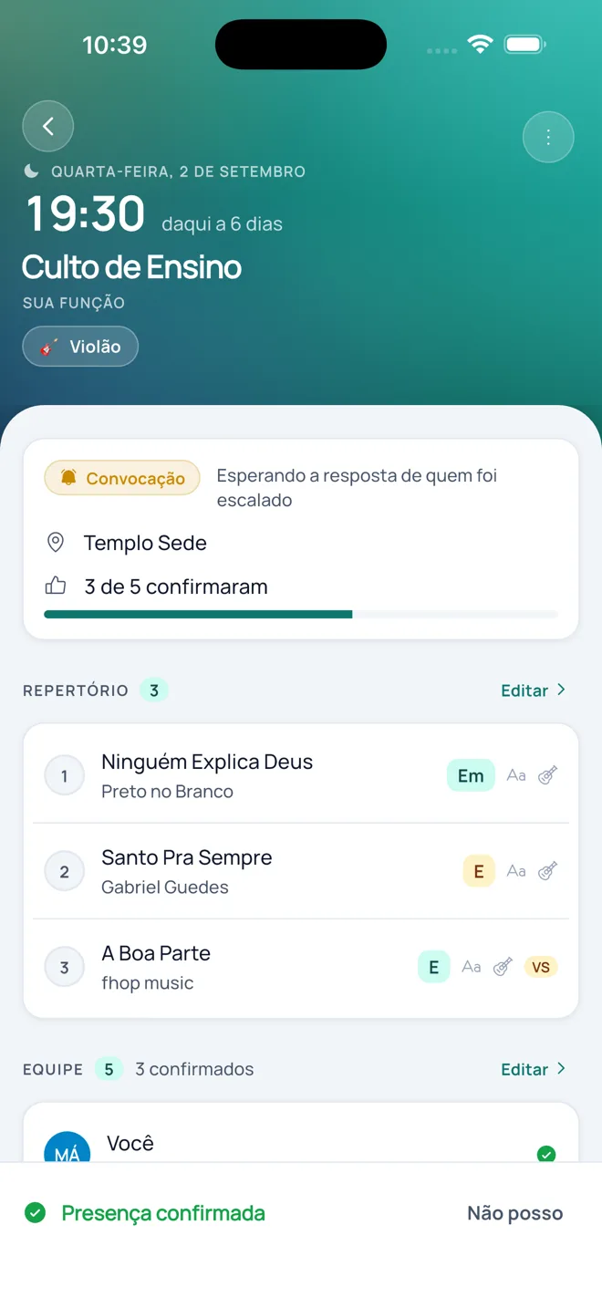 Detalhe de uma escala com a equipe, o repertório e as confirmações