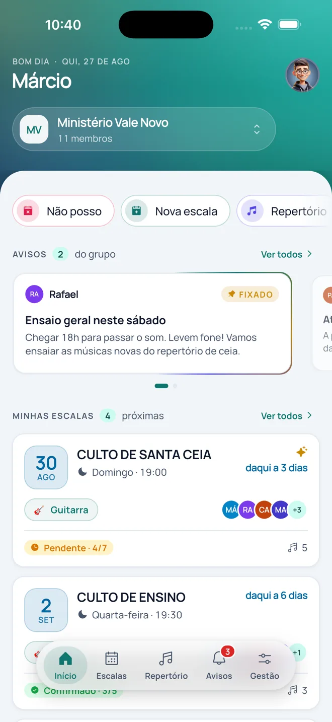 Tela inicial do Voicing com os avisos do grupo e as próximas escalas