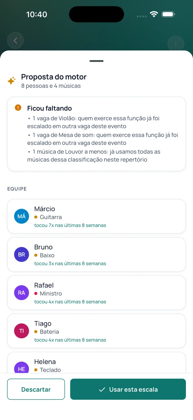 Proposta do motor com cada escolha e a justificativa embaixo do nome