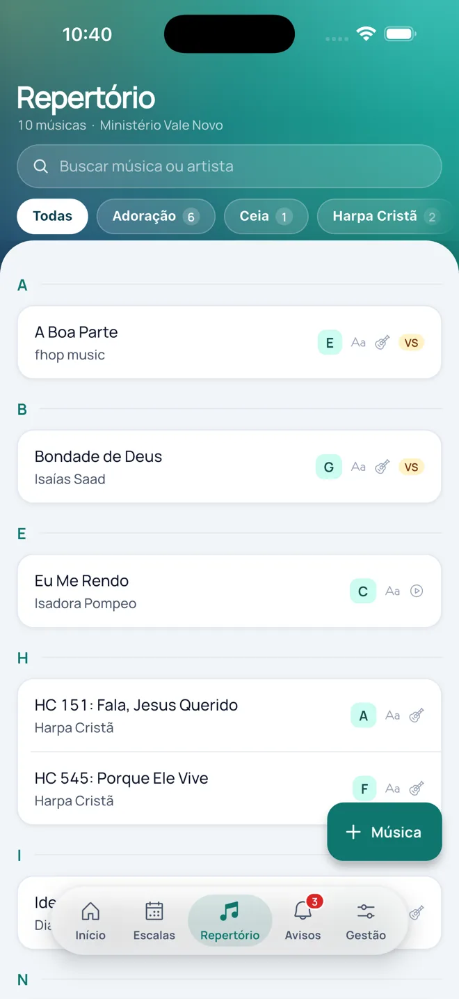 Lista do repertório do grupo com tom e andamento de cada música